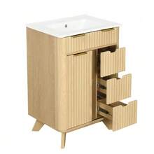 61 Cm Freestanding Bathroom Cabinet With Decorative Wave Design, Warm Natural Wood Tone, 3 Drawers And Sliding Door With Shelf – Faucet Not Included - Natural Color - View 7