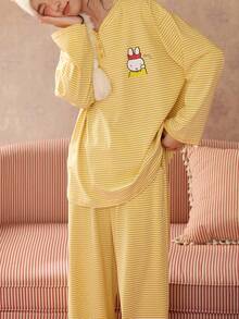 Gongdie 2pcs/Set Miffy Women's Pajama Set, Autumn Yellow Striped Soft Modal Cotton Loungewear With Pockets - Yellow - View 2