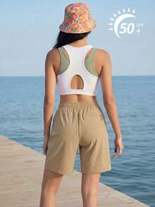 Cavva Women's Quick-Dry 5" Lightweight Breathable Elastic Waist Drawstring 3 Zipper Pockets Outdoor Hiking Casual Shorts (Runs Large, Recommend Sizing Down) - Khaki - View 4