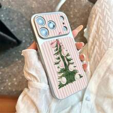 1pc TPU Material Pink & White Striped Watercolor Christmas Tree Pattern Phone Case Suitable For Apple 17 Pro Max/17/16 Pro Max/15/13/12/11 Large Window Skin Full Coverage Anti-Drop Soft Shell Phone Protective Cover - Silver - View 4