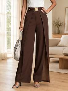 Women's High Waist Wide Leg Trousers, Pleated Tailored Pants With Belt Detail, Elegant Loose Fit Workwear For Office & Daily Wear - Coffee Brown - View 5