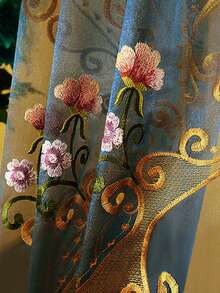 Single Panel, Lake Blue Premium Embroidered Sheer Curtain, European Luxury Personalized Old Money Floral Pattern Embroidered Window Curtain, Suitable For Living Room, Bedroom Windows And Door Decoration, Curtain Rod Not Included - Blue - View 9