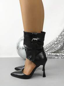 Women's Pointed Toe Ruched Ankle Boots, Hollow Out Thin High Heel, Buckle Decor Fashion Party Dress Boots - Black - View 6