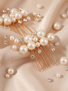 2pcs/Set Wedding Bride Pearl Hair Side Comb Rhinestone Hair Clips Pins Headpiece Vintage Hair Accessories Jewelry For Brides Bridesmaids - Gold - View 8