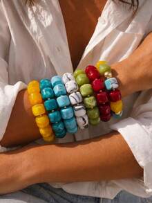 1pc Bohemian Summer Beach Colorful Resin Square Bead Elastic Bracelet, Gold Spherical Spacer Design, Stackable Bracelet For Women's Daily Wear And Vacation Outfit Jewelry - Multicolor - View 9