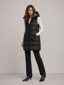 Women's Reversible 2-In-1 Vest, Detachable Hood, Two-Way Zip, Synthetic Down, Snap Pockets, Mid-Thigh, Spring Autumn - Black - View 1