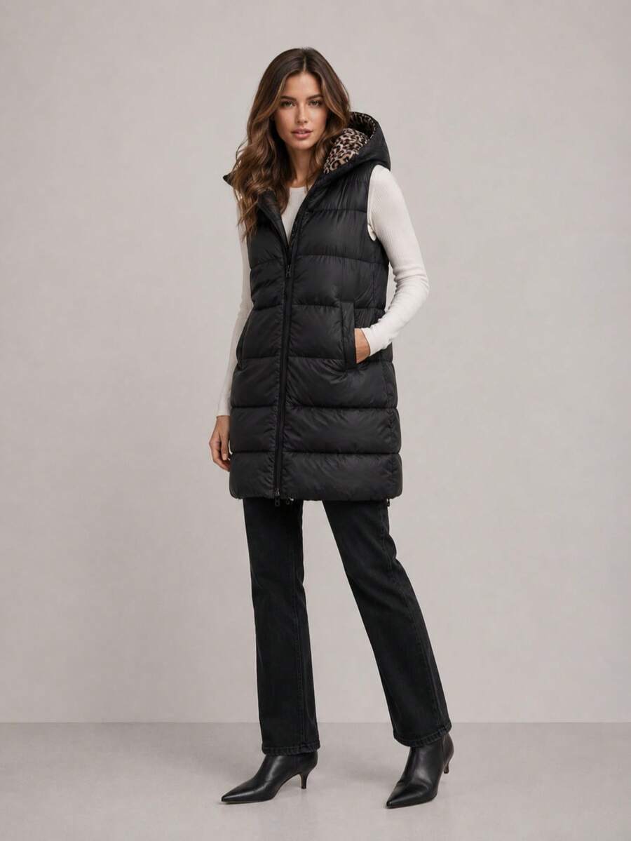Women's Reversible 2-In-1 Vest, Detachable Hood, Two-Way Zip, Synthetic Down, Snap Pockets, Mid-Thigh, Spring Autumn - Black - View 1