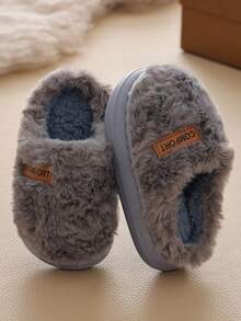 Winter Kids Thermal Lined Slippers, Boys & Girls Comfortable Warm Home Wear Minimalist Fuzzy Slippers - Grey - View 4