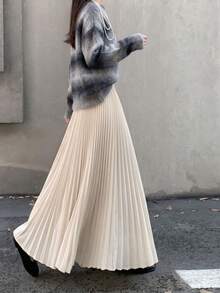 Elegant Women's Long Pleated Skirt, Non-Stretch Woven Fabric Flowy Skirt, Suitable For Autumn Wear - Apricot - View 5