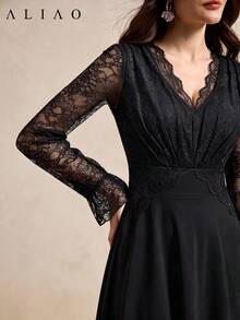 Aliao Elegant Lace Patchwork V-Neck Long Sleeve Midi Dress, Suitable For Date, Party, Vacation, Autumn/Winter - Black - View 4