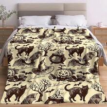 1pc Vintage Halloween Flannel Throw Blanket, Nostalgic Sketch Style Pumpkin Lantern, Witch Hat, Black Cat, Bat, Cauldron And Dead Tree Pattern, Soft And Warm Printed Blanket, Suitable For Sofa, Bed And Halloween Home Decor - Multicolor - View 6