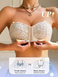 1pc Women's White Underwire Front Closure Lace Bra, Sexy Comfortable Lift Support Push-Up Lingerie, Strapless Bra - Beige - View 4