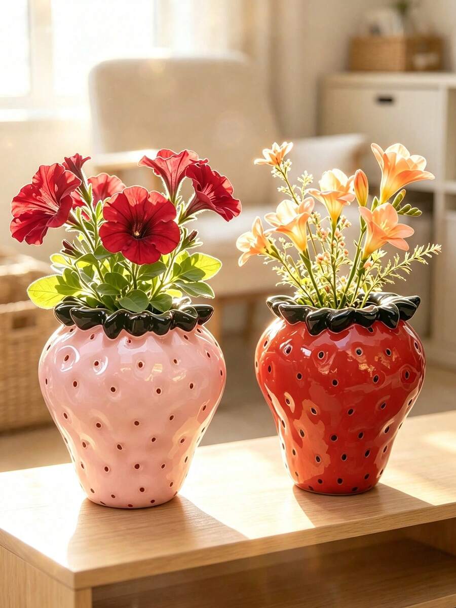 1pc Creative Strawberry Resin Vase - Fruit Shaped Vase, Suitable For Living Room And Desktop, Cute Home Decor | Home Decor, Room Decor, Bohemian Style Decor, Desktop Decor, Cute Collectibles, Unique Gift - New Arrival - Strawberry Combo - View 1