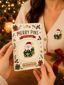 1 Set Santa Claus Enamel Brooch With Decorative Back Card, Lapel Pin For Jacket, Bag, Hat, Cute Red & Green Gift Box Design, Holiday Accessory For Office Party, Christmas Stocking, Gift Exchange, Adults Men & Women, Christmas Holiday Party Favor - Multicolor - View 4