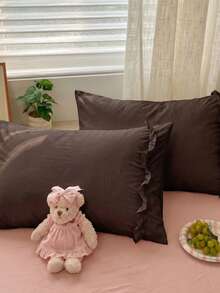 1pc/2pcs Solid Coffee Color Pillowcase With A Bow And Ruffle Trim (Without Insert), Comfortable And Breathable Polyester Fiber Suitable For All Seasons, Home Decoration, Simple Classic, Cozy Bedding, Neutral Decor, Ruffle Accent, Versatile Home - Mocha Brown - View 2