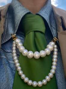 Double Layer Pearl Tie Clip Chain, Vintage Decorative Tie Accessory - White - View 7