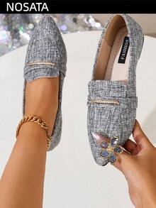 Spring/Autumn Women's Silver Metallic Pointed Toe Flat Loafers, Exquisite Soft Sole Non-Slip Breathable Slip-On Shoes, Fashionable Elegant Versatile For Office, Party, Date, Shopping - Grey - View 1