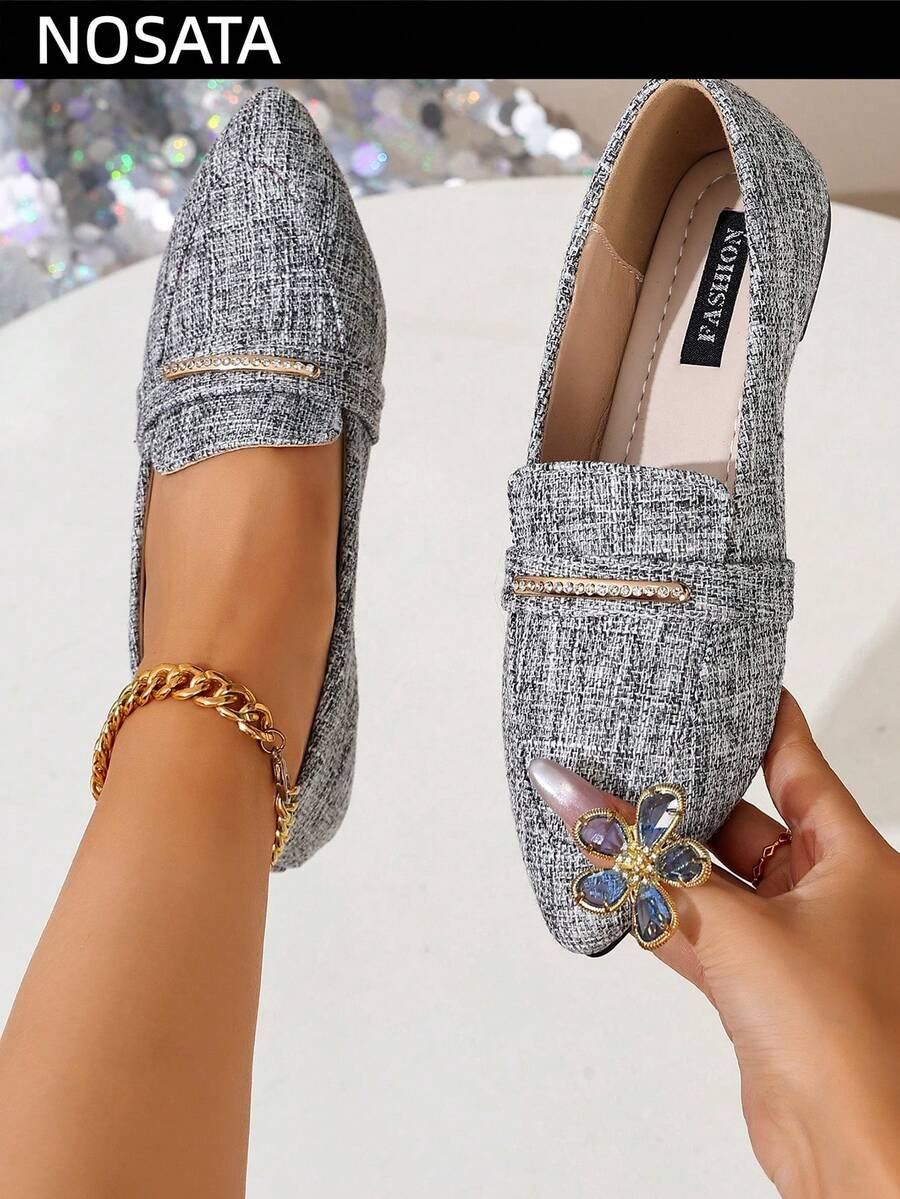 Spring/Autumn Women's Silver Metallic Pointed Toe Flat Loafers, Exquisite Soft Sole Non-Slip Breathable Slip-On Shoes, Fashionable Elegant Versatile For Office, Party, Date, Shopping - Grey - View 1
