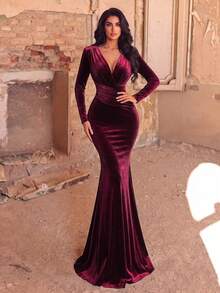 Faeriesty Women's Elegant Deep V-Neck Mermaid Evening Gown, Long Sleeve With Train -. Party Spring Fall Wedding - Maroon - View 1