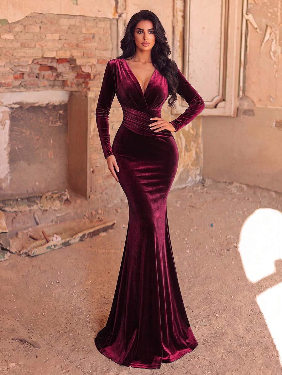 Faeriesty Women's Elegant Deep V-Neck Mermaid Evening Gown, Long Sleeve With Train -. Party Spring Fall Wedding - Maroon - View 1
