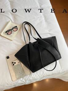 Low Tea 2件組純色PU布料女款休閒大容量托特包 BOOK Bag，雙手柄設計，磁吸開合，適合旅行、購物、約會，女性禮物，適合青少年女孩、大學生、職場新人與白領上班族，完美適用於辦公室、校園、工作、商務、通勤、戶外、旅行、出遊 - 黑色 - 查看 4
