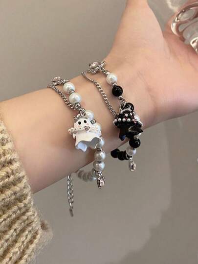 Halloween Black And White Ghost Beaded Couple Bracelet, Female Girlfriend Accessories, Niche Sweet Cool Hip Hop Jewelry