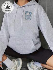 女款休閒街頭風寬鬆長袖熱帶棕櫚樹印花衛衣 - 淺灰色 - 查看 5