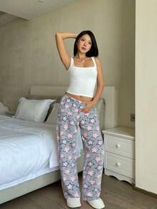 1pc Women's Plush Star Pattern Fluffy Pants, Elegant, Glamorous, Charming, Casual, Suitable For Vacation, Warm For Autumn/Winter, Cozy - Multicolor - View 2