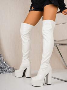 Women's Boots Thick Sole High Heel Round Toe Over-The-Knee Wedge Fashion Boots - White - View 7