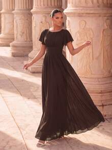 Elegant Chiffon Long Bridesmaid Dress, Round Neck, Ruffle Short Sleeves, Ruffle Hem, Multi-Layer Waist Design - Chocolate Brown - View 5