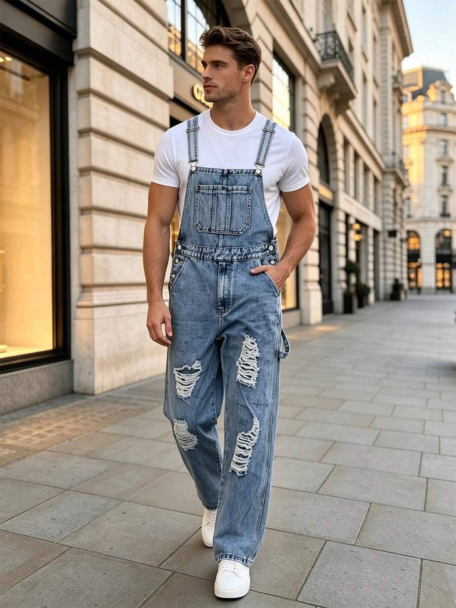 Men's Ripped Denim Dungarees Frayed Adjustable Overalls
