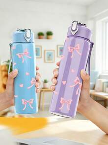 1/5Pcs 25oz Plastic Water Bottle, Sweet Pink Ribbon Bow Knot Heart Allover Print, Flip-Top Portable Leak-Resistant Drink Cup With Lanyard, Fit For Commute Office Gym Short Trip, Thoughtful Gift For Close Friends Relatives For Daily Use - Light Pink With Bow - View 2