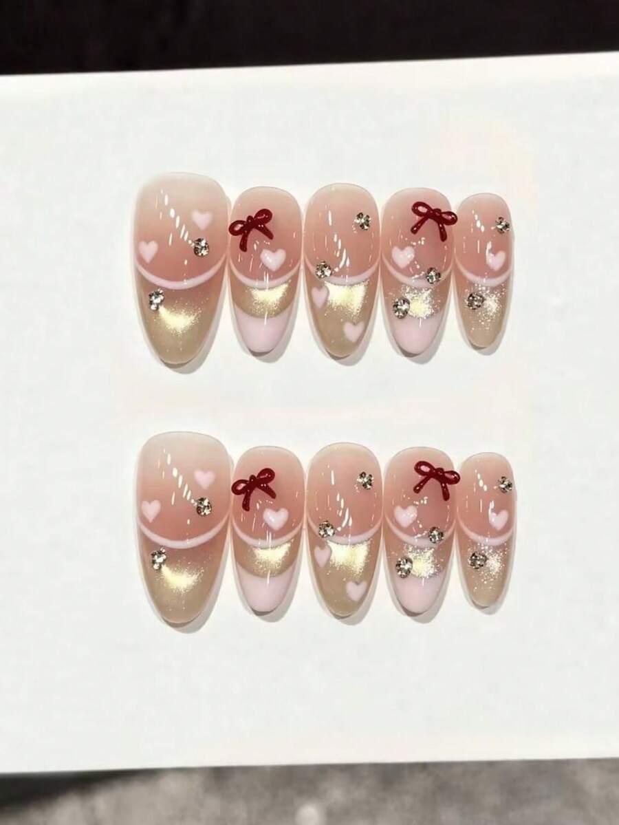 10PCS Middle Oval Handmade Press On Nails For Party And Daily Wear,Sparkling Pink Crushed‑Rhinestone Glitter Handmade Press‑On Nails, Fall New Arrival,Suitable For Girls And Women Festivals Parties And Daily Wear,New Arrival Nails