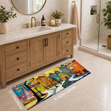 1pc Cartoon Town Pattern Printed Faux Cashmere Kitchen Mat, Absorbent Kitchen Rug, Kitchen Carpet, Long Strip Doormat, Sink Front Mat, Suitable For Kitchen, Bathroom, Entryway, Hallway, Laundry Room And Home Decor - Multicolor - View 12
