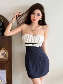 Top Dazzle Casual Pinstripe Tube Top Mini Dress With Ruffled Bustier And Backless Detail For A Chic And Flirty Look - Blue - View 8