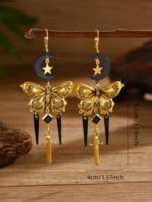 1 Pair Fashion Vintage Exquisite Distressed Star & Moon Textured Butterfly Rhombus Dangle Long Tassel Earrings For Women, Suitable For Daily Commute, Vacation, Party, Banquet - Gold - View 4