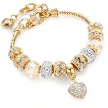 1pc Crystal Heart Charm Bracelet - Gold Plated Snake Chain With Rhinestone Beads, Adjustable DIY Jewelry For Women - Multicolor - View 4