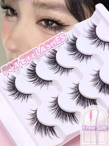 5 Pairs Fox‑Eye Wing‑Tipped Full‑Strip False Eyelashes, Natural Outer‑Corner Extended Korean‑Style Lashes, Soft Wispy Upswept Eyelashes, Eye‑Lifting Glam For Daily Dating & Night‑Out Makeup Look - Black - View 1