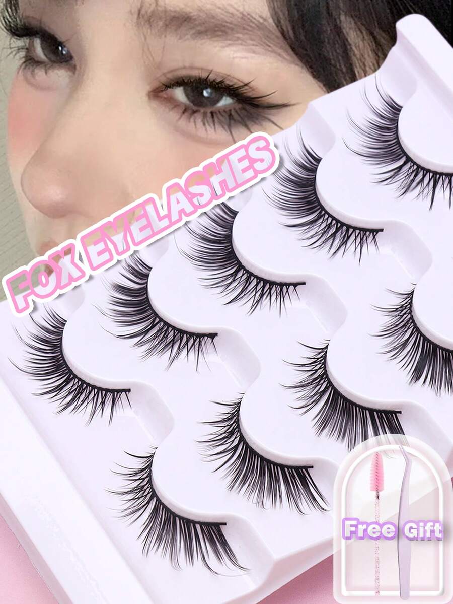 5 Pairs Fox‑Eye Wing‑Tipped Full‑Strip False Eyelashes, Natural Outer‑Corner Extended Korean‑Style Lashes, Soft Wispy Upswept Eyelashes, Eye‑Lifting Glam For Daily Dating & Night‑Out Makeup Look - Black - View 1