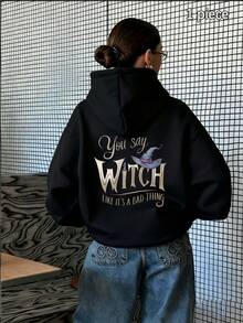 Lined Hooded Sweatshirt For Spring, Autumn, And Winter - Vintage Creative Witch-Themed Font Print DUnisex Suitable For Slightly Overweight Individuals - Black - View 1