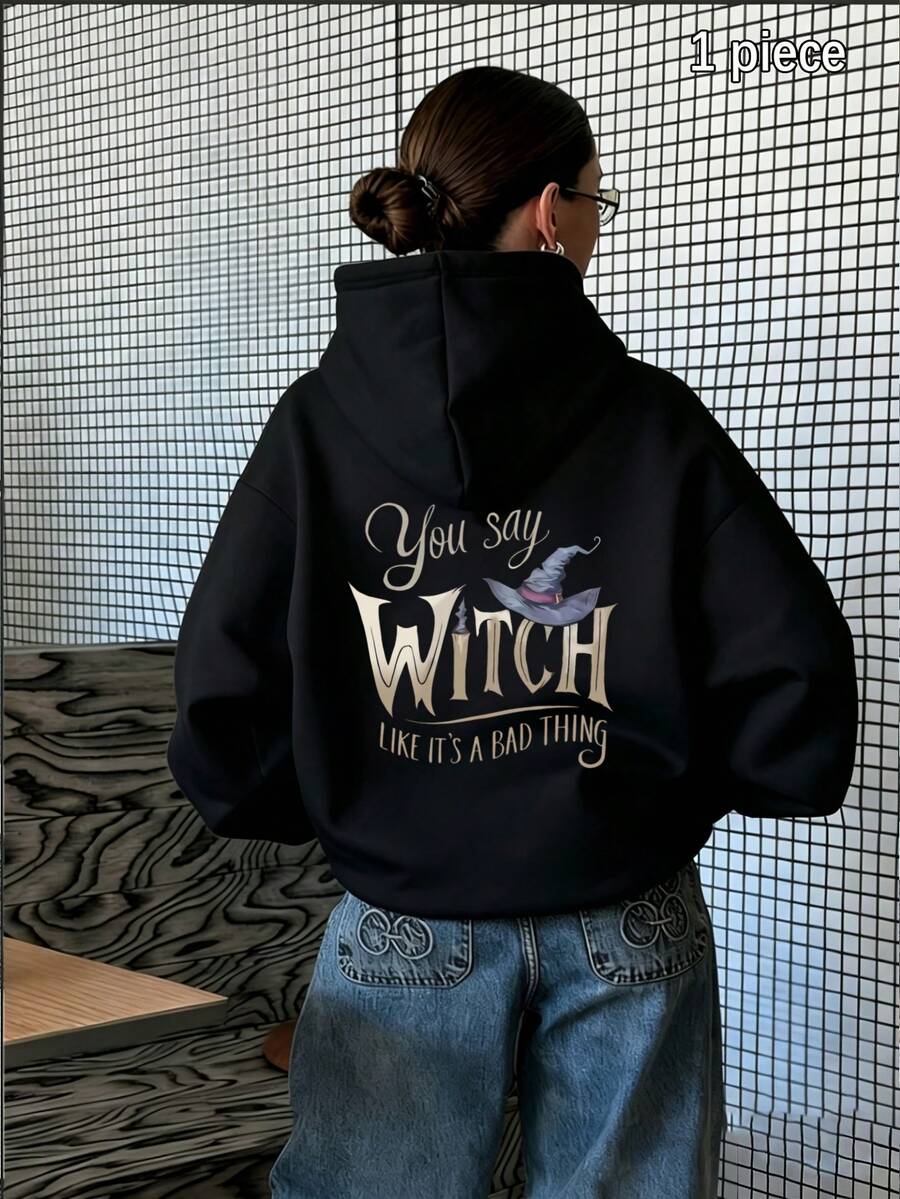 Lined Hooded Sweatshirt For Spring, Autumn, And Winter - Vintage Creative Witch-Themed Font Print DUnisex Suitable For Slightly Overweight Individuals - Black - View 1