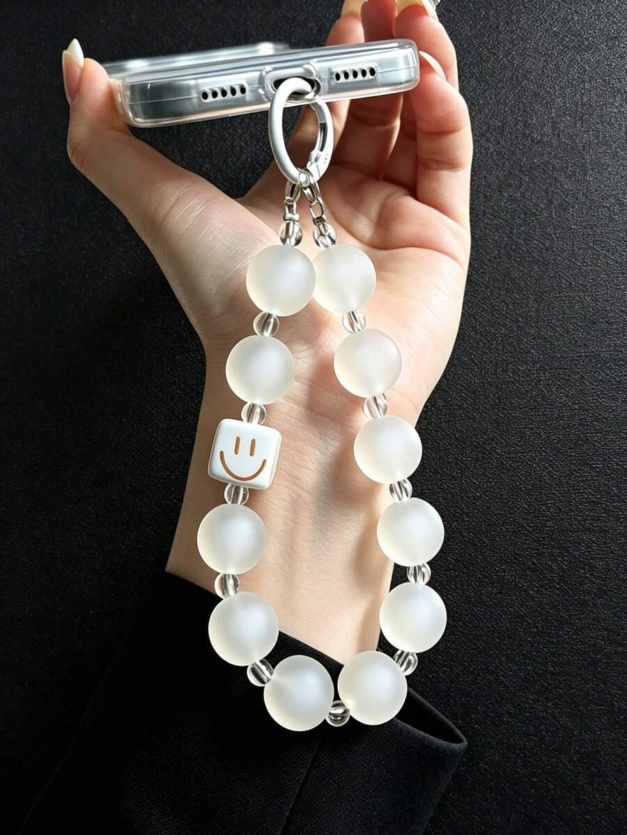 Y2K White Smiling Face Phone Lanyard, Frosted Transparent Beaded Phone Strap, Minimalist Cute Wristband - White - View 1