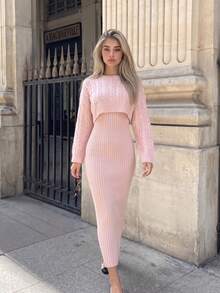 JustMiss Women's 2pcs Sweater Set, Round Neck Long Sleeve Knit Loose Korean Style Soft Cable Texture Cover Up And Cami Dress, Autumn/Winter - Pink - View 5