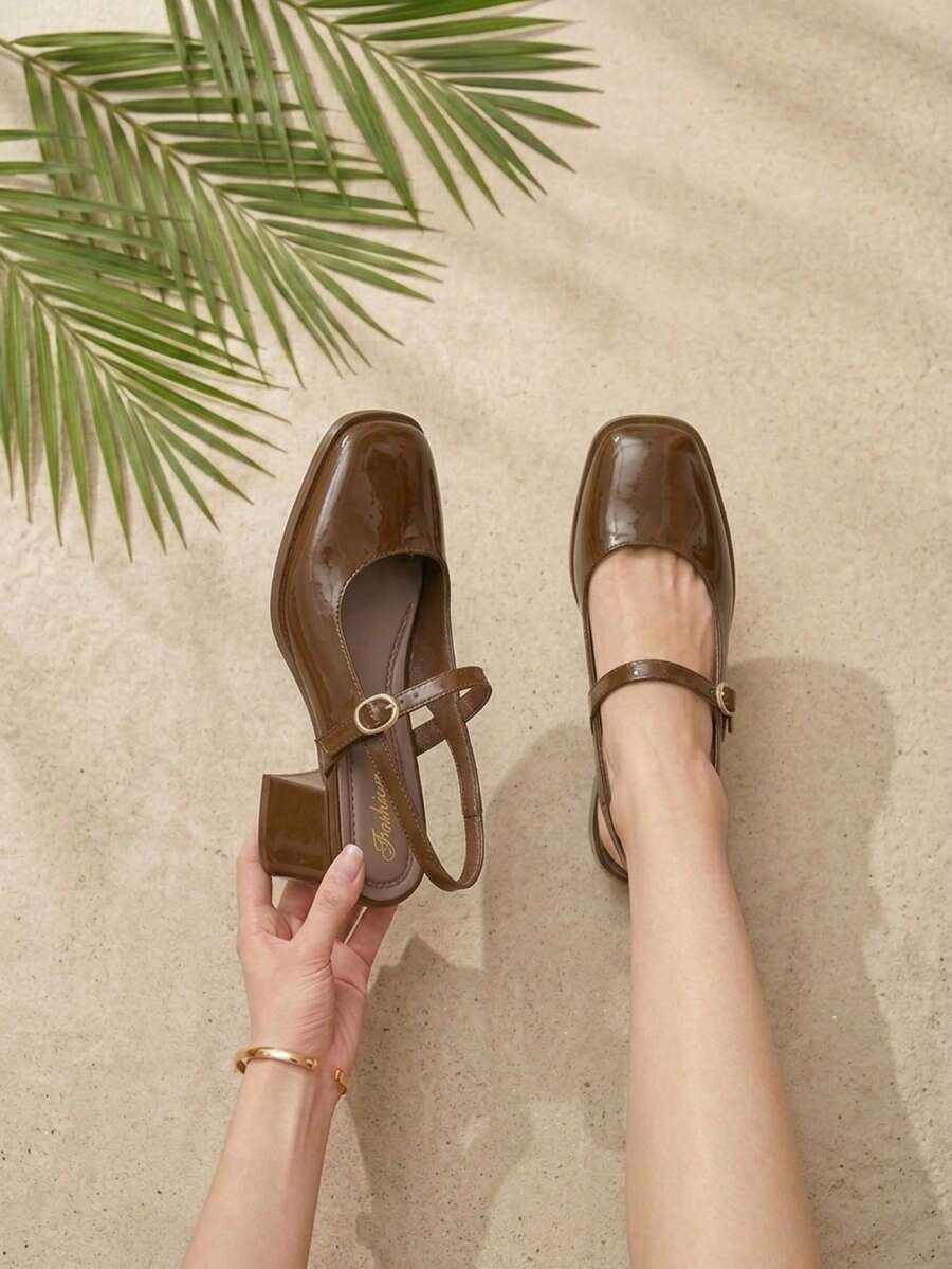 Sepatu Mary Jane Wanita ZPWZ Warna Emas Muda Berkilau dengan Hiasan Logam Cermin, Cocok untuk Perjalanan Musim Semi, Kencan, Pesta, Liburan, Sandal Datar Bertali Sederhana, Sandal Hak Tinggi Warna Solid Bergaya Mewah dengan Hiasan Kristal Terbaru untuk Kencan - Coklat - View 1