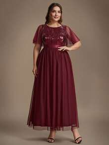 EVERPRETTY Plus Size Elegant Luxury Heavy Embroidery Sequin Mesh Patchwork Ruffle Sleeve A-Line Burgundy Formal Evening Gown For Evening Party Wedding Guest - Burgundy - View 6