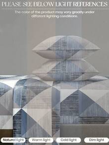 4-Piece Purple & Gray Triangle Patchwork Pattern Bedding Set, Easy Care Soft Bedding Set (1 Flat Sheet + 1 Fitted Sheet + 2 Pillowcases), Knitted Bedding Set Suitable For King/Queen/Full/Twin Sizes, Fits 11.8-Inch Deep Mattress, Soft Breathable Wrinkle-Resistant, Geometric Print Bedding - Blue - View 6