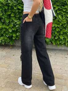 Women's Casual Washed Distressed Raw Hem Wide Leg Jeans - Black - View 4