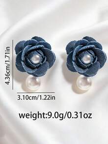 2 piezas Nuevos pendientes de botón con incrustaciones de tela geométrica y perlas falsas con diseño floral, joyería versátil para mujer - Azul - Ver 4