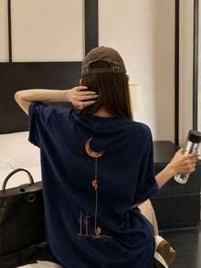 女款時尚夏季寬鬆卡通印花短袖T恤休閒風 - 深藍 - 查看 3