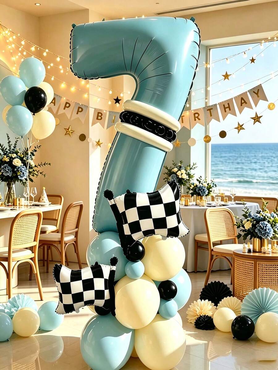 32 Light Blue Balloons With Numbers And Racing Flag Patterns, Multiple Sizes, Matte Latex Material, Suitable For 1st Birthday Party, Themed Birthday Celebration, Outdoor Lawn Birthday Decoration And Living Room Or Bedroom Decor - View 1